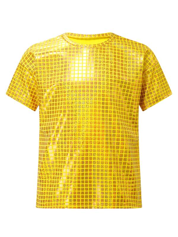 Kids Girls Boys Round Neck Short Sleeve Plaid Sequins Cheerleading Dance T-shirt thumb