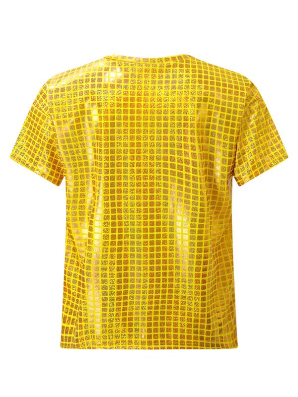 Kids Girls Boys Round Neck Short Sleeve Plaid Sequins Cheerleading Dance T-shirt thumb