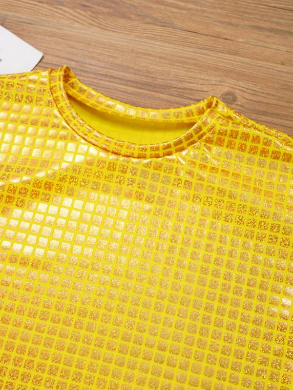 Kids Girls Boys Round Neck Short Sleeve Plaid Sequins Cheerleading Dance T-shirt thumb