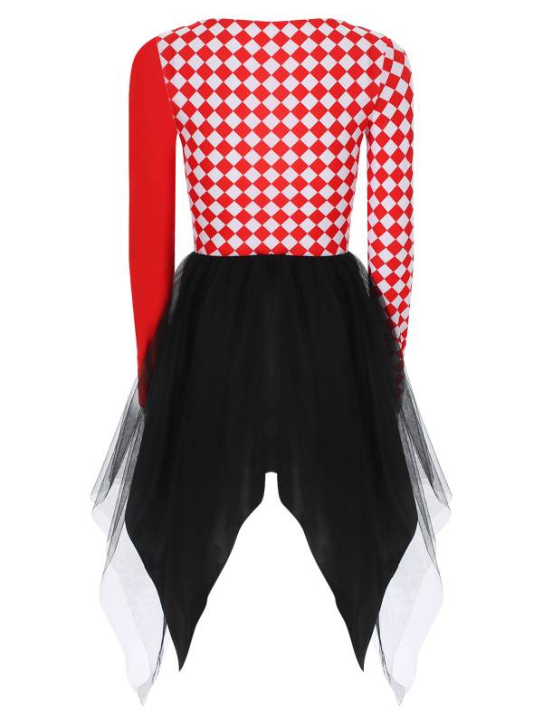 Women Long Sleeve Plaid Asymmetrical Tulle Skirt Clown Dress thumb