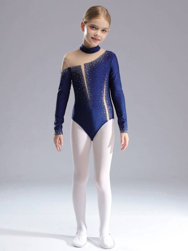 Kids Girls Long Sleeve Sparkly Rhinestones Gymnastics Leotard thumb