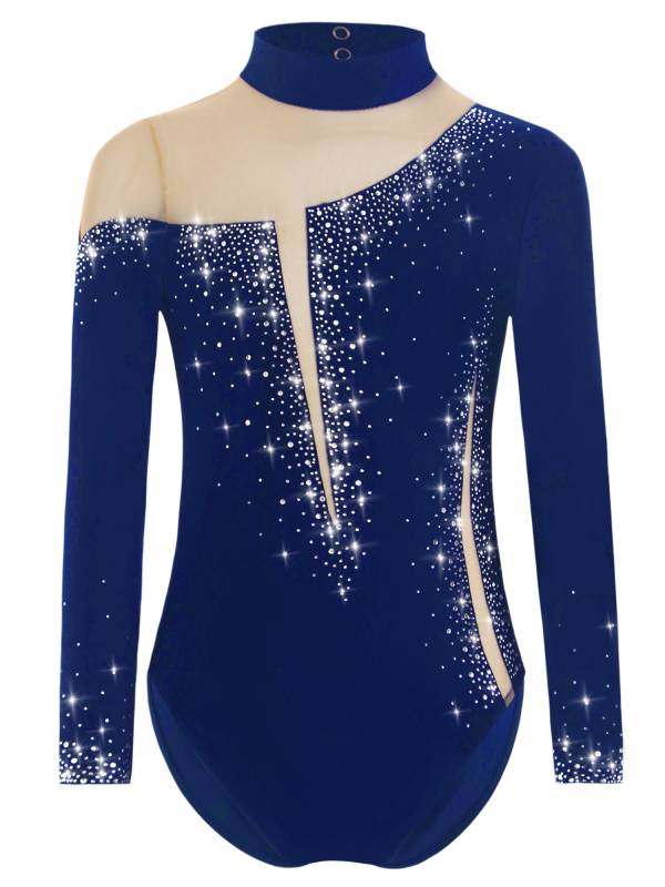 Kids Girls Long Sleeve Sparkly Rhinestones Gymnastics Leotard thumb