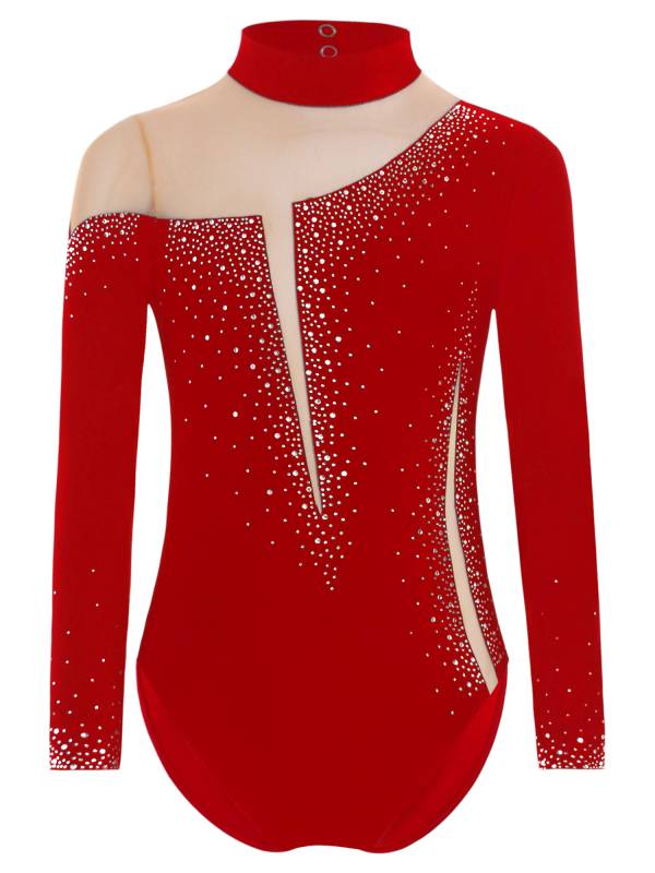Kids Girls Long Sleeve Sparkly Rhinestones Gymnastics Leotard thumb