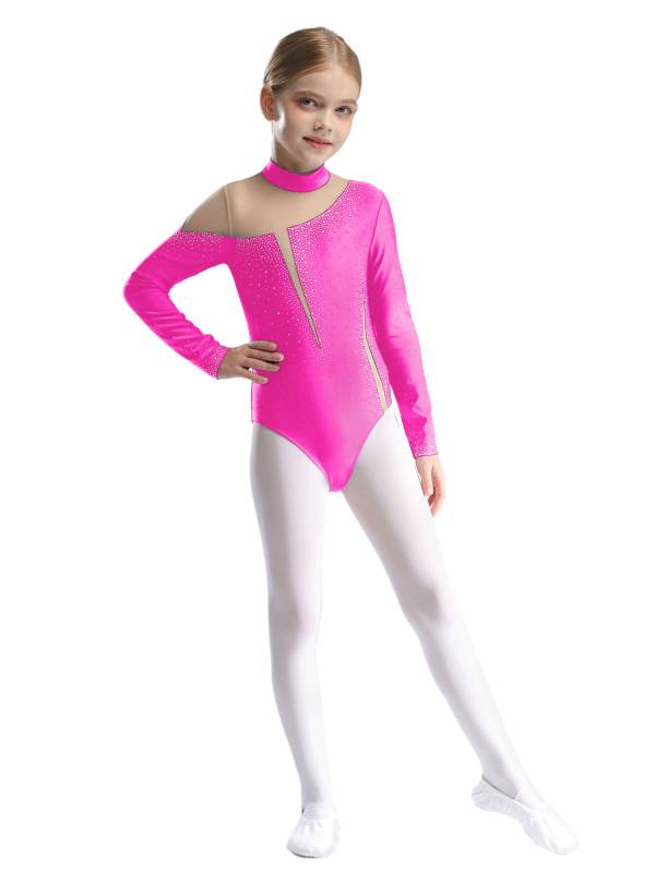 Kids Girls Long Sleeve Sparkly Rhinestones Gymnastics Leotard thumb