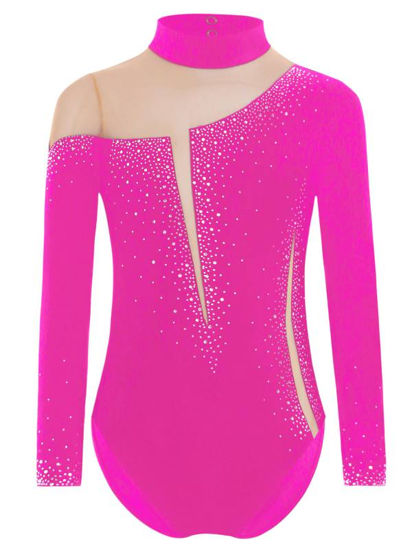 Kids Girls Long Sleeve Sparkly Rhinestones Gymnastics Leotard thumb