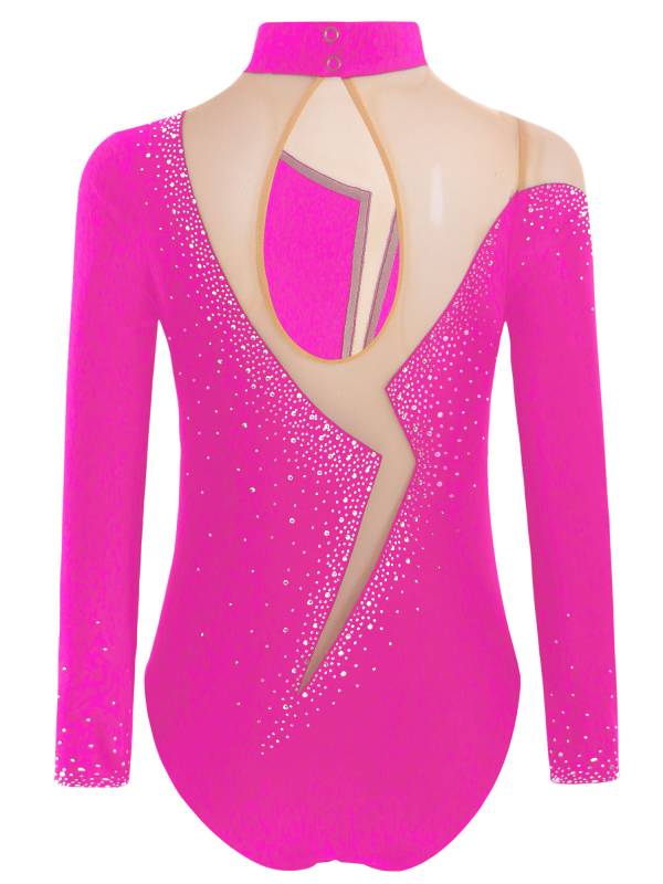 Kids Girls Long Sleeve Sparkly Rhinestones Gymnastics Leotard thumb