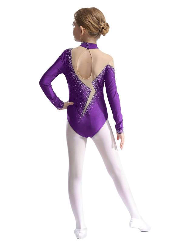 Kids Girls Long Sleeve Sparkly Rhinestones Gymnastics Leotard thumb