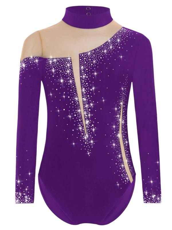 Kids Girls Long Sleeve Sparkly Rhinestones Gymnastics Leotard thumb