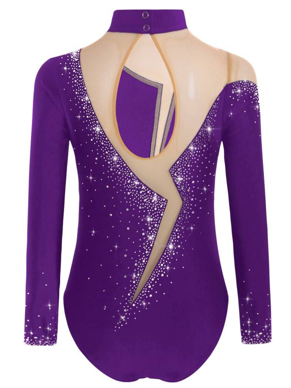 Kids Girls Long Sleeve Sparkly Rhinestones Gymnastics Leotard thumb
