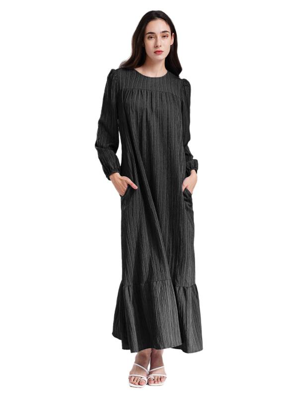 Women Loose Round Neck Long Sleeve Ruffled Hem Maxi Dress for Vacation thumb