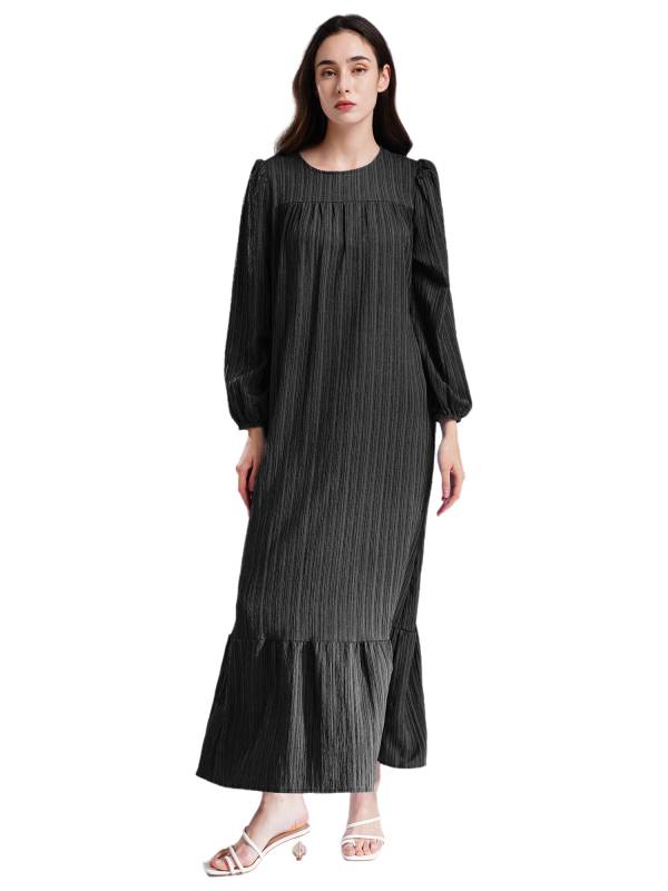 Women Loose Round Neck Long Sleeve Ruffled Hem Maxi Dress for Vacation thumb
