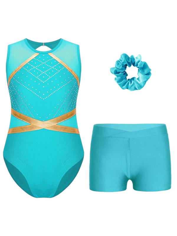 Kids Girls 3pcs Sleeveless Rhinestones Leotard and Shorts Headwear Gymnastic Set thumb