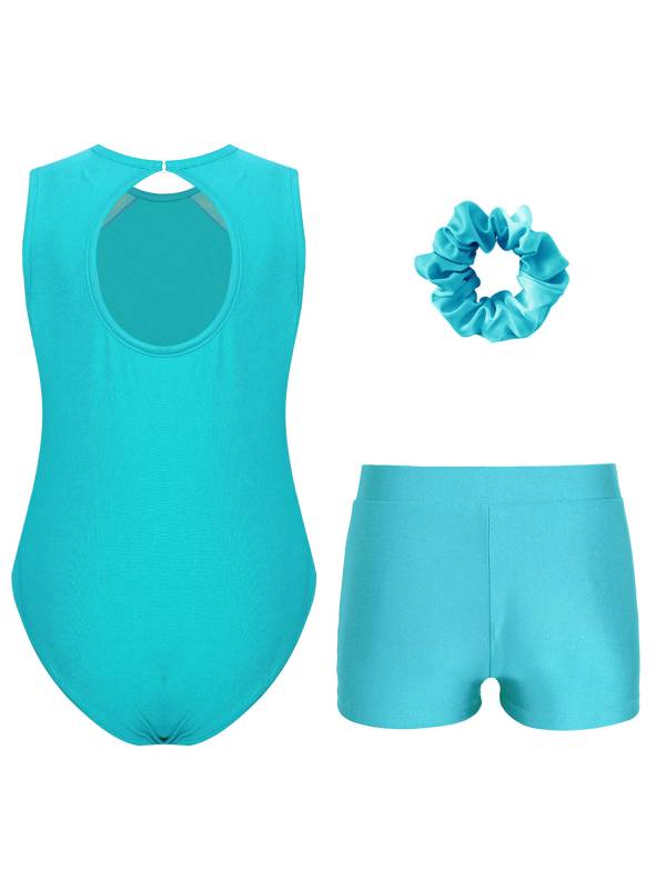 Kids Girls 3pcs Sleeveless Rhinestones Leotard and Shorts Headwear Gymnastic Set thumb