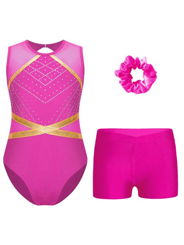 Kids Girls 3pcs Sleeveless Rhinestones Leotard and Shorts Headwear Gymnastic Set thumb