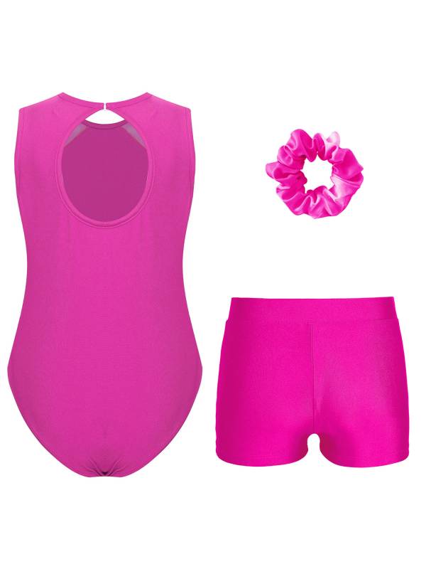 Kids Girls 3pcs Sleeveless Rhinestones Leotard and Shorts Headwear Gymnastic Set thumb