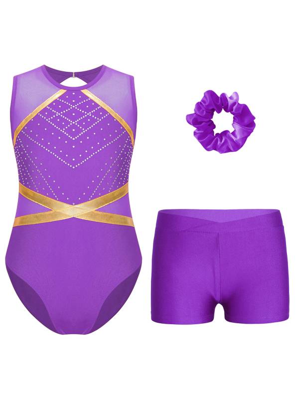Kids Girls 3pcs Sleeveless Rhinestones Leotard and Shorts Headwear Gymnastic Set thumb