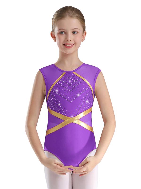 Kids Girls 3pcs Sleeveless Rhinestones Leotard and Shorts Headwear Gymnastic Set thumb