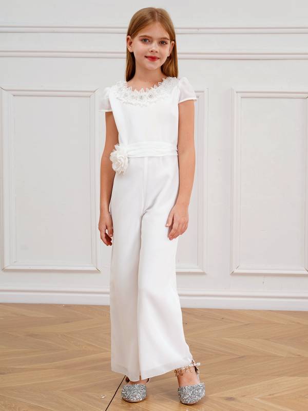 Kids Girls Short Sleeve Flower Applique Jumpsuit for Party thumb