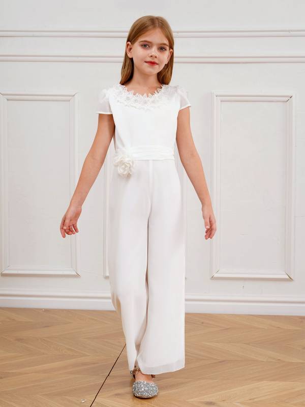 Kids Girls Short Sleeve Flower Applique Jumpsuit for Party thumb