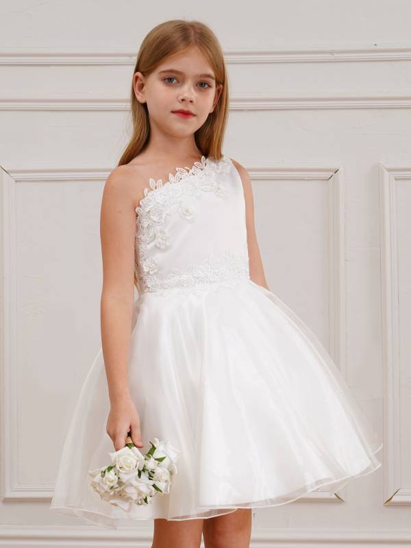 Kids Girls One Shoulder Embroidered A-line Tulle Communion Dress thumb