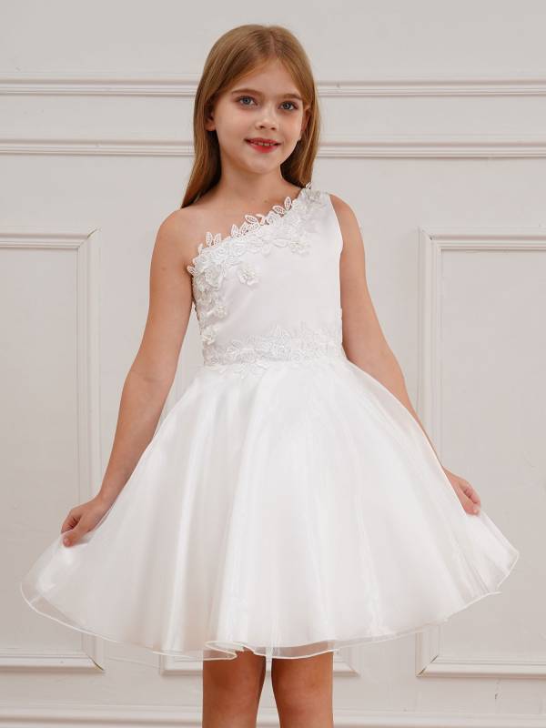 Kids Girls One Shoulder Embroidered A-line Tulle Communion Dress thumb