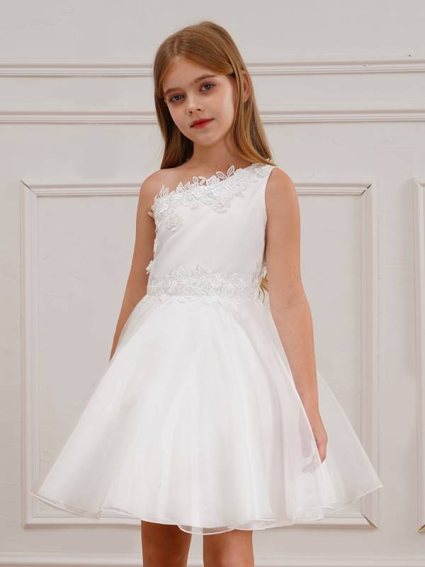Kids Girls One Shoulder Embroidered A-line Tulle Communion Dress thumb