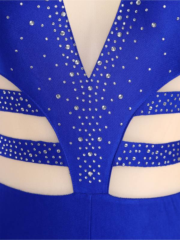 Women Mesh Long Sleeve Rhinestones Asymmetrical Gymnastics Unitard thumb