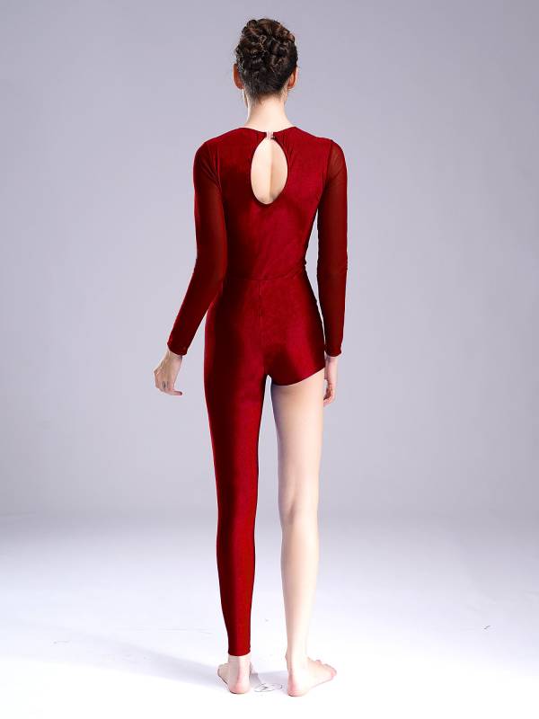 Women Mesh Long Sleeve Rhinestones Asymmetrical Gymnastics Unitard thumb