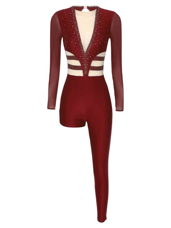 Women Mesh Long Sleeve Rhinestones Asymmetrical Gymnastics Unitard thumb