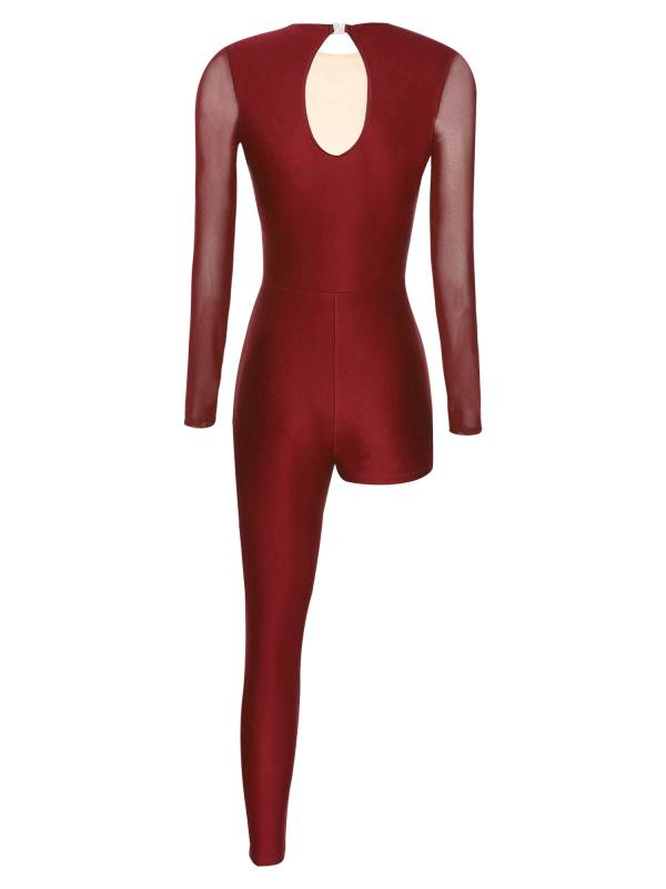 Women Mesh Long Sleeve Rhinestones Asymmetrical Gymnastics Unitard thumb