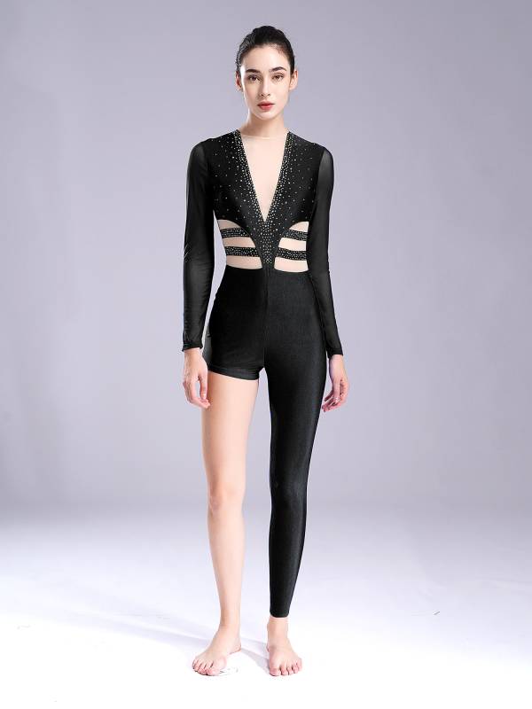 Women Mesh Long Sleeve Rhinestones Asymmetrical Gymnastics Unitard thumb