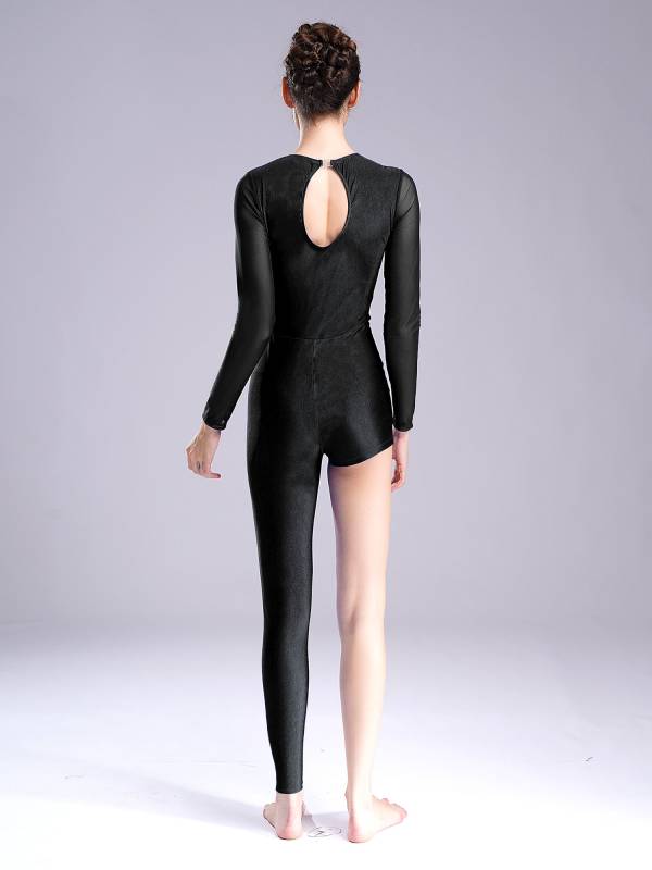 Women Mesh Long Sleeve Rhinestones Asymmetrical Gymnastics Unitard thumb