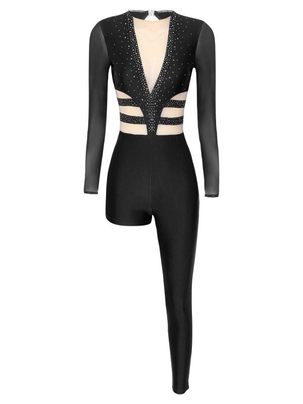 Women Mesh Long Sleeve Rhinestones Asymmetrical Gymnastics Unitard thumb