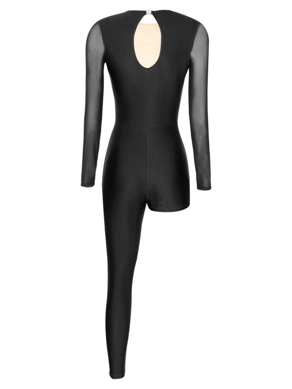Women Mesh Long Sleeve Rhinestones Asymmetrical Gymnastics Unitard thumb