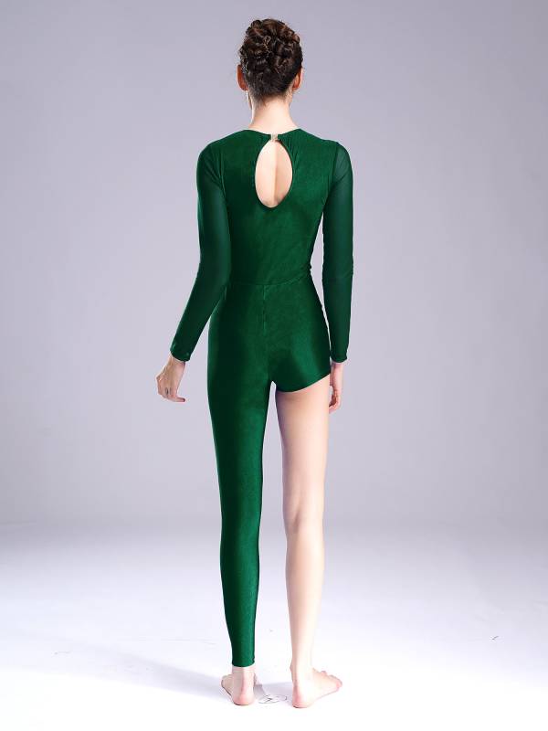 Women Mesh Long Sleeve Rhinestones Asymmetrical Gymnastics Unitard thumb