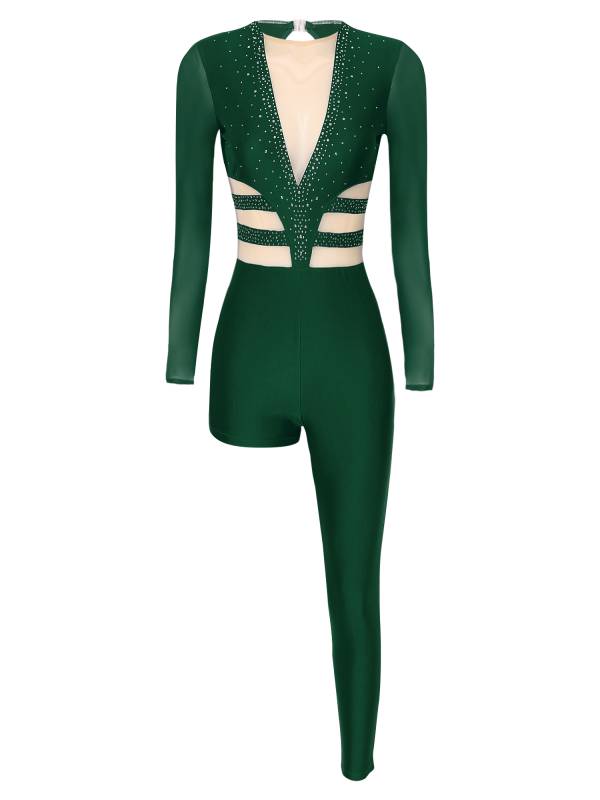 Women Mesh Long Sleeve Rhinestones Asymmetrical Gymnastics Unitard thumb