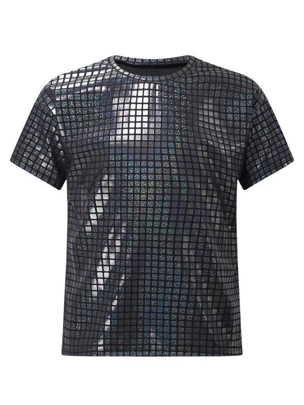 Kids Girls Boys Round Neck Short Sleeve Plaid Sequins Cheerleading Dance T-shirt thumb