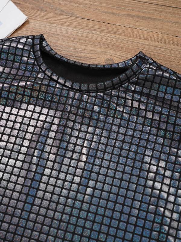 Kids Girls Boys Round Neck Short Sleeve Plaid Sequins Cheerleading Dance T-shirt thumb