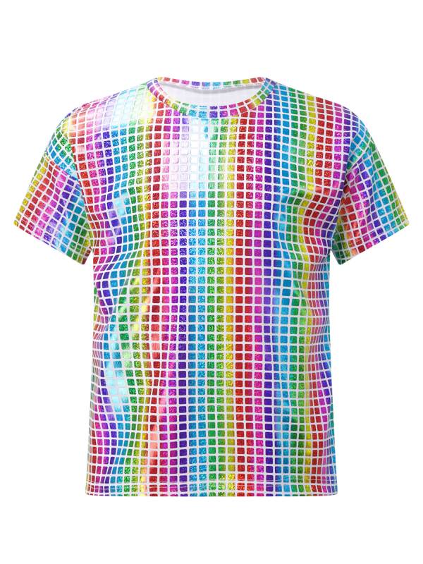 Kids Girls Boys Round Neck Short Sleeve Plaid Sequins Cheerleading Dance T-shirt thumb