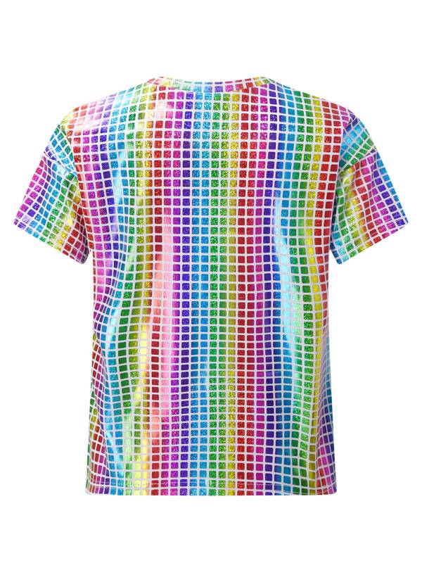 Kids Girls Boys Round Neck Short Sleeve Plaid Sequins Cheerleading Dance T-shirt thumb