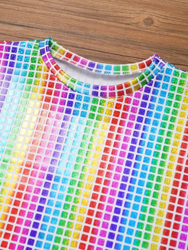 Kids Girls Boys Round Neck Short Sleeve Plaid Sequins Cheerleading Dance T-shirt thumb