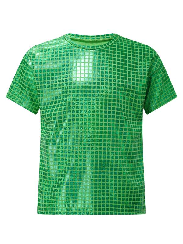 Kids Girls Boys Round Neck Short Sleeve Plaid Sequins Cheerleading Dance T-shirt thumb