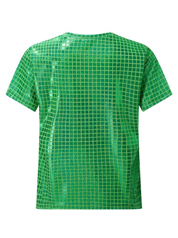 Kids Girls Boys Round Neck Short Sleeve Plaid Sequins Cheerleading Dance T-shirt thumb