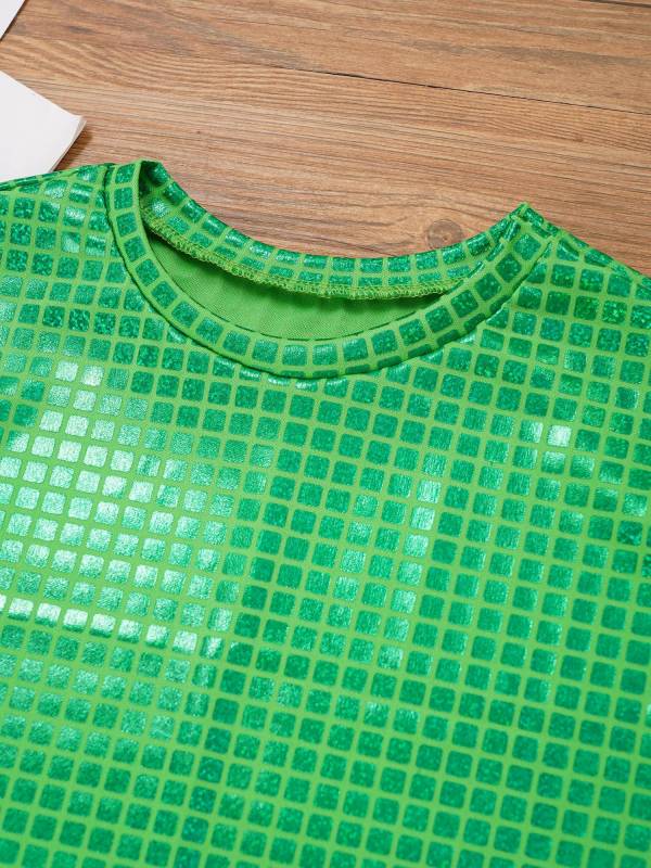 Kids Girls Boys Round Neck Short Sleeve Plaid Sequins Cheerleading Dance T-shirt thumb
