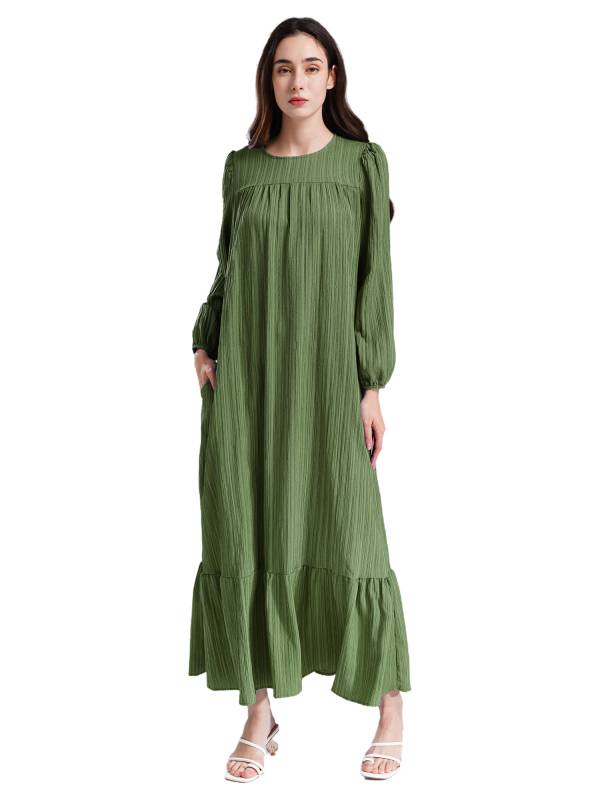 Women Loose Round Neck Long Sleeve Ruffled Hem Maxi Dress for Vacation thumb