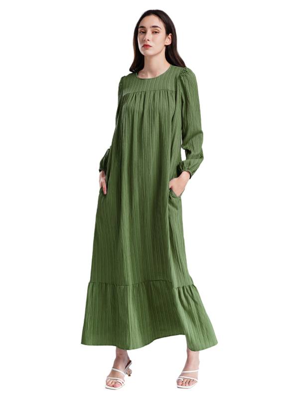 Women Loose Round Neck Long Sleeve Ruffled Hem Maxi Dress for Vacation thumb