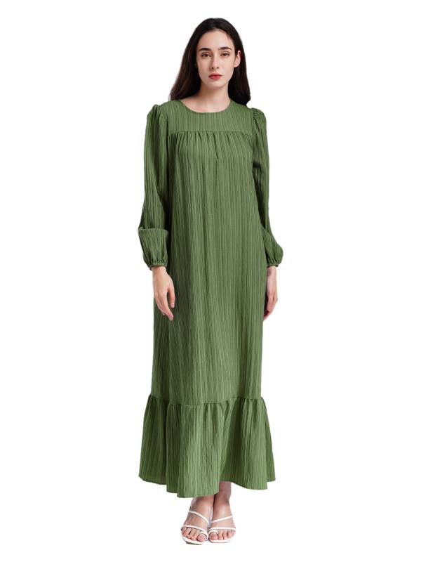 Women Loose Round Neck Long Sleeve Ruffled Hem Maxi Dress for Vacation thumb