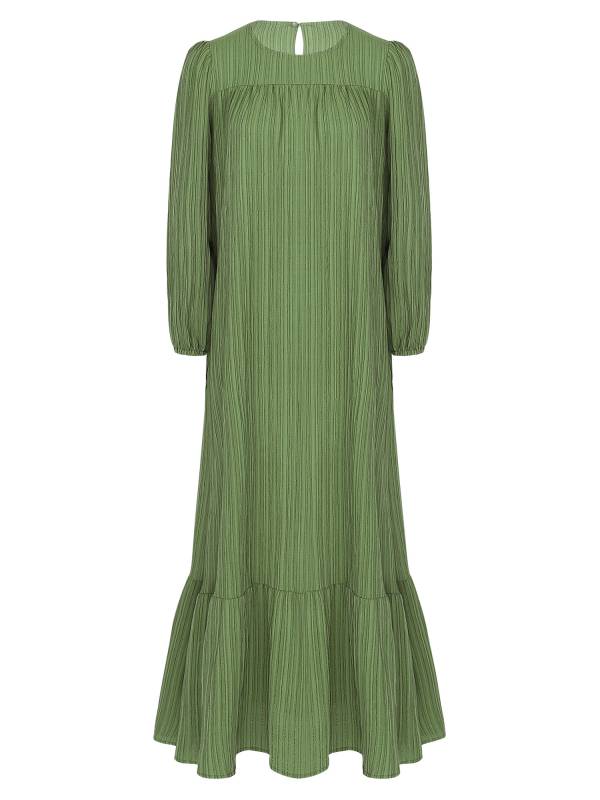 Women Loose Round Neck Long Sleeve Ruffled Hem Maxi Dress for Vacation thumb