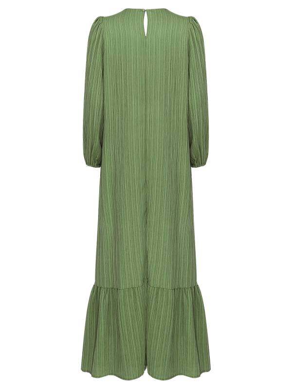 Women Loose Round Neck Long Sleeve Ruffled Hem Maxi Dress for Vacation thumb