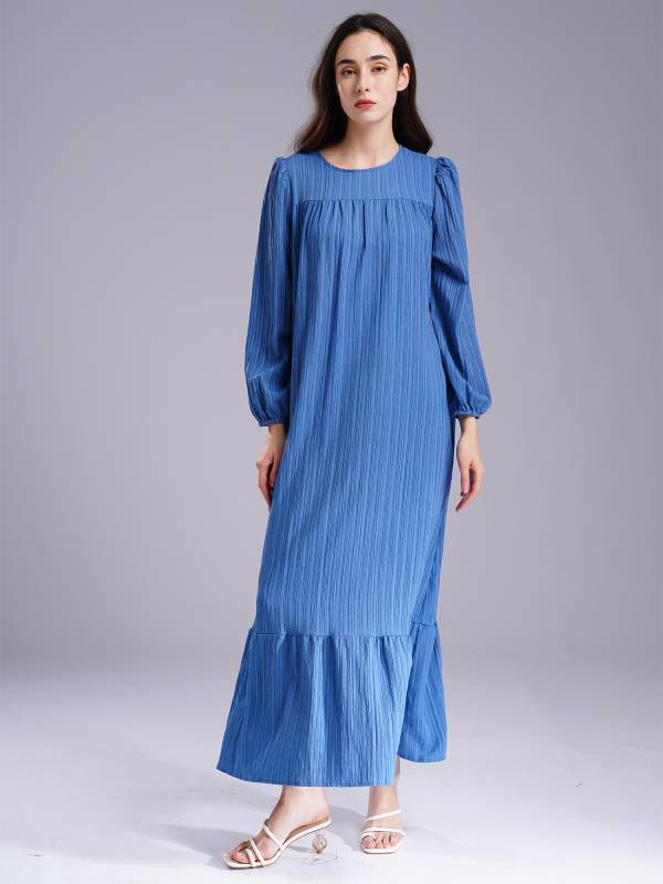 Women Loose Round Neck Long Sleeve Ruffled Hem Maxi Dress for Vacation thumb